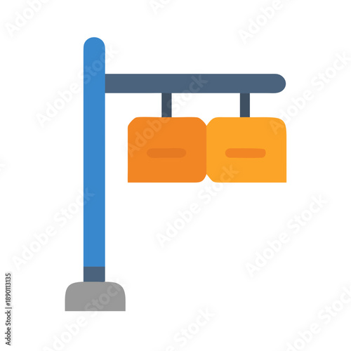 Flat illustration of stylized information kiosk with blue pole and orange boxes
