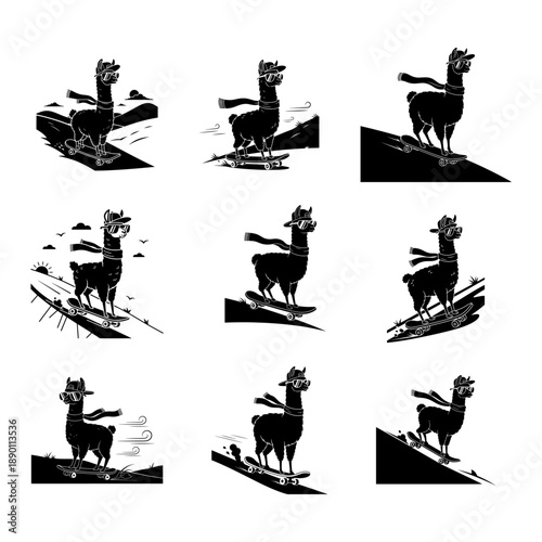 Set Of Cool Llama Silhouettes Riding Skateboard Wearing Sunglasses And Scarf Illustration