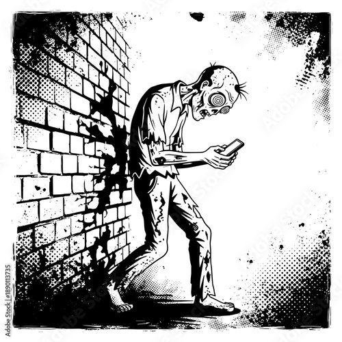 Funny Zombie Character Walking Into Brick Wall While Staring At Smartphone Illustration