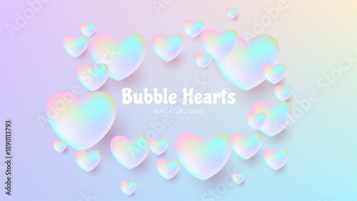 Exclusive Iridescent 3D Floating Hearts Layout, Elegant Cyber Pastel Frame for Modern Branding and Luxury Stationery, High-Quality Holographic Art Design. Unique 3D lighting pearlescent textures.