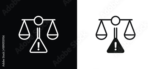 Scales of justice icon with alert symbol on black and transparent backgrounds symbol of law and order