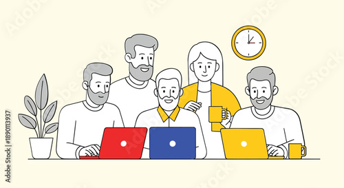 Diverse group of coworkers collaborating on laptops in office setting with clock