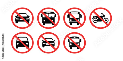 Road prohibition sign icons set collection for car bus motorcycle traffic regulation isolated on transparent checkered background