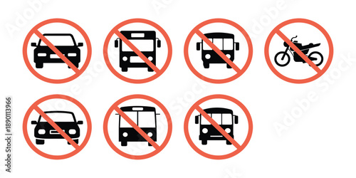 Vector traffic ban icons collection showing car bus and motorcycle prohibition symbols isolated on transparent grid background