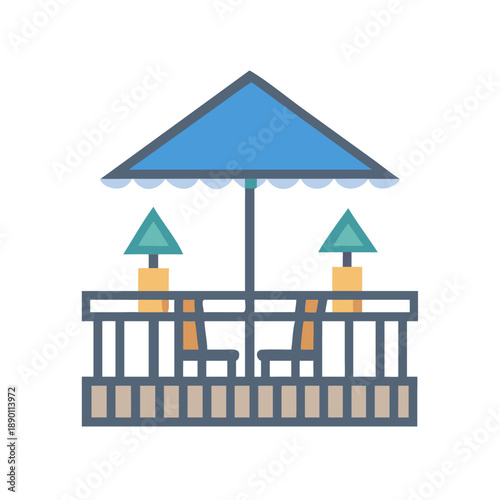 Stylized gazebo illustration showing outdoor furniture and lamps, perfect for patio design
