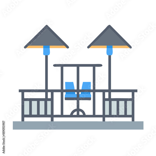 Flat Illustration of Outdoor Seating Area with Umbrellas and Minimalist Furniture