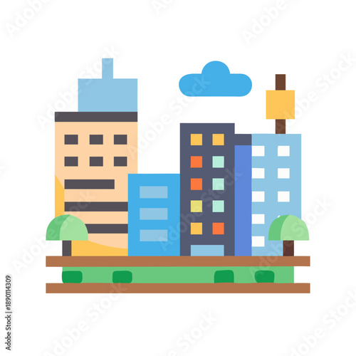 Stylized city skyline illustration featuring modern buildings and minimalist cloudscape art