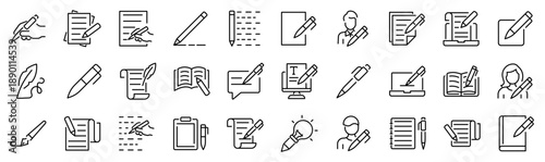 Set of 30 outline icons related to write. Linear icon collection. Editable stroke. Vector illustration