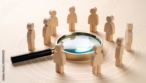 Magnifying glass center wooden figurines circle beige surface analysis focus investigation concept