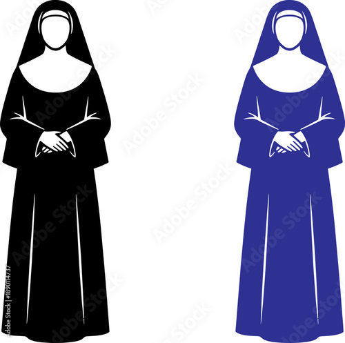 Nuns in black and blue habits standing side by side with hands folded in prayer minimalist silhouette illustration