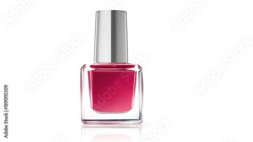 A square glass bottle of pink nail polish with a tall metallic cap. Concept Pink nail polish, square glass bottle, tall metallic cap, close-up beauty shot, glossy finish