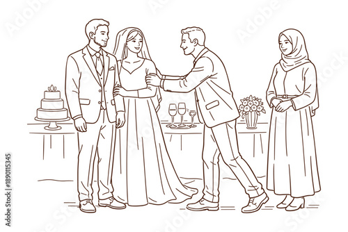 Line art illustration of a wedding reception. A bride and groom stand together