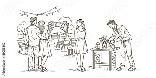 Line art illustration of an outdoor wedding setup. A couple stands with arms around each other, admiring a floral-decorated ceremonial arch and arranged chairs
