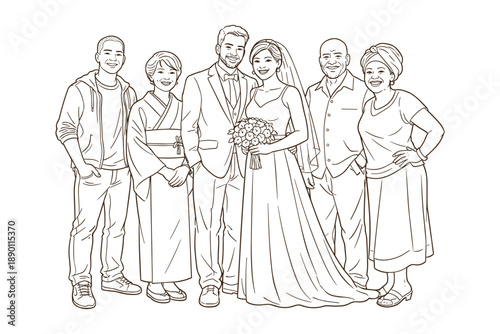 Wedding group photo with bride, groom, and diverse family members in traditional and modern clothing, line art illustration