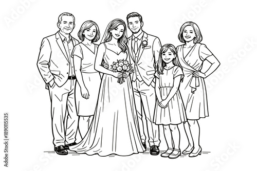 Happy Caucasian family wedding portrait with bride and groom. Vector illustration