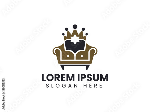 Luxury couch logo with crown symbol vector illustration for premium furniture business