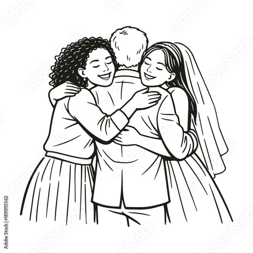 Bride and friends hugging groom at wedding. Vector illustration