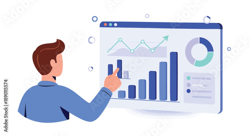 Businessman analyzing data on a computer screen with graphs and charts examining statistics and trends