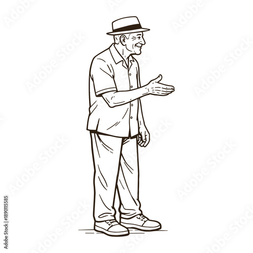 Smiling senior man in hat making welcoming gesture. Vector illustration
