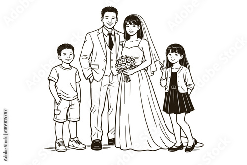 Happy interracial wedding couple with kids posing. Vector illustration