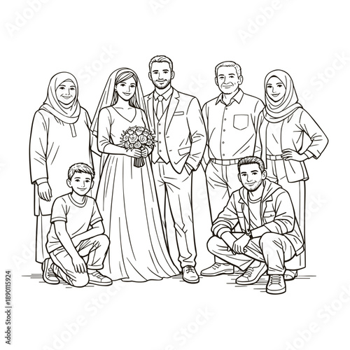 Wedding family portrait with bride, groom, and relatives in traditional and modern attire. Line art illustration