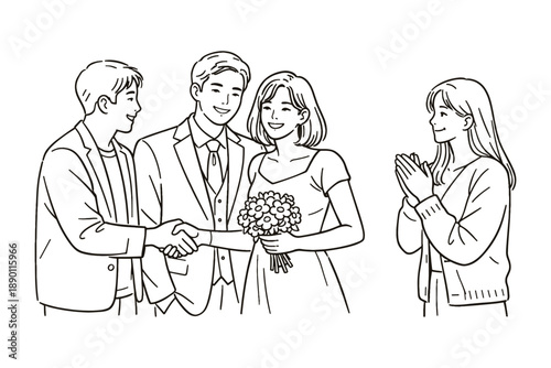 Wedding congratulations scene with groom shaking hands, bride holding bouquet, and guest clapping. Line art illustration