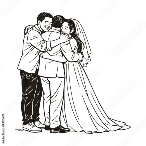 Bride and groom sharing a heartfelt group hug with a close friend at their wedding. Line art illustration