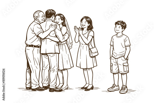 Bride and groom warmly hugging an elderly man at their wedding, while a smiling woman and young boy look on. Line art illustration