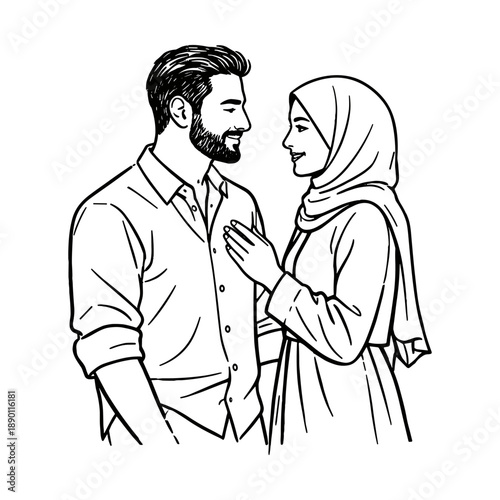 Line art illustration of a couple standing face to face, smiling warmly at each other
