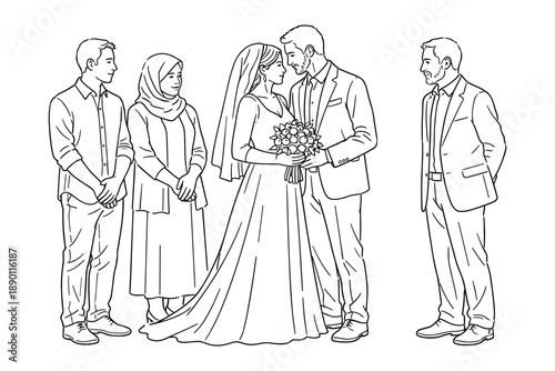 Line art illustration of a wedding scene with a bride and groom standing in the center, lovingly facing each other