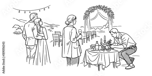 Line art illustration of an outdoor wedding setup. A couple stands arm-in-arm, looking at a beautifully decorated floral arch with rows of empty chairs arranged for guests