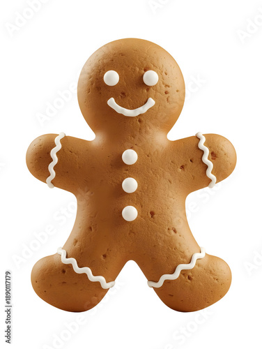 A delicious homemade Christmas gingerbread man cookie decorated with a smile, isolated as a traditional sweet holiday treat