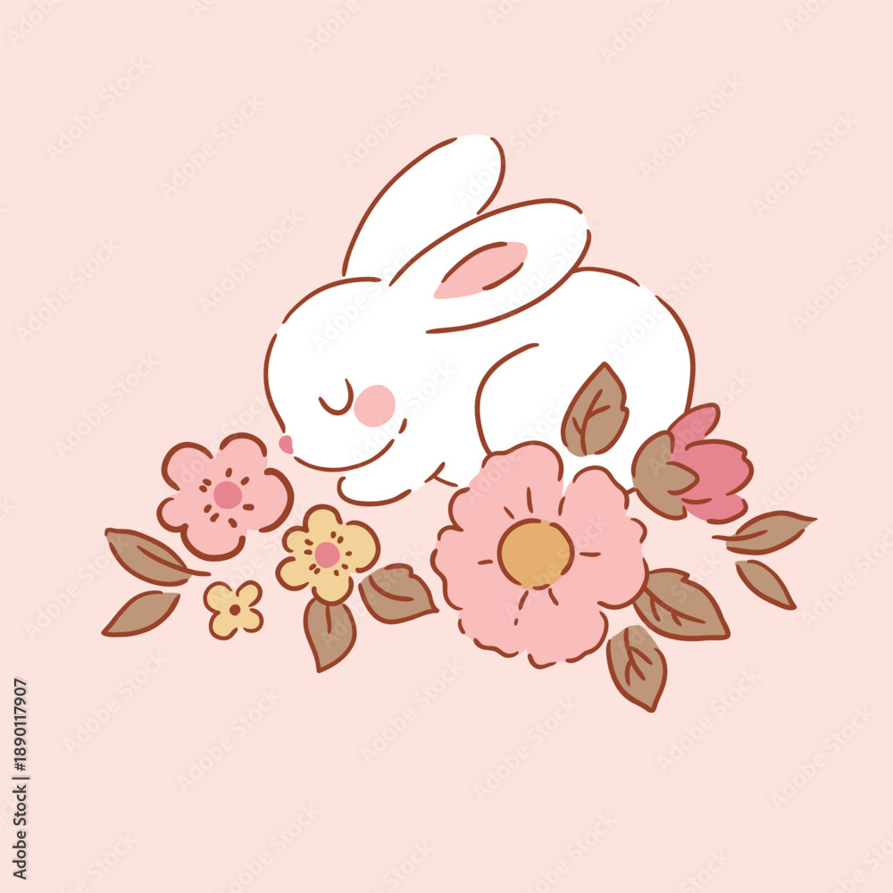 custom made wallpaper toronto digitalCute white rabbit character with tiny flowers on isolated background. Hand drawn Easter bunny illustration. Perfect for logo, sticker or nursery print design. EPS10 vector file.
