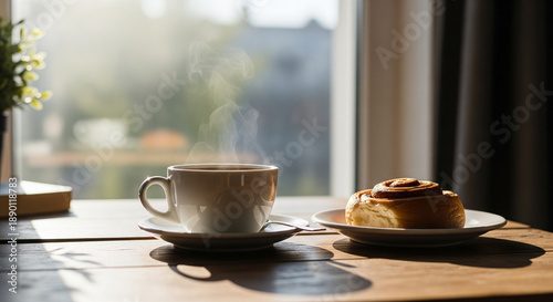 Cozy morning scene with steaming coffee and croissant on wooden table
