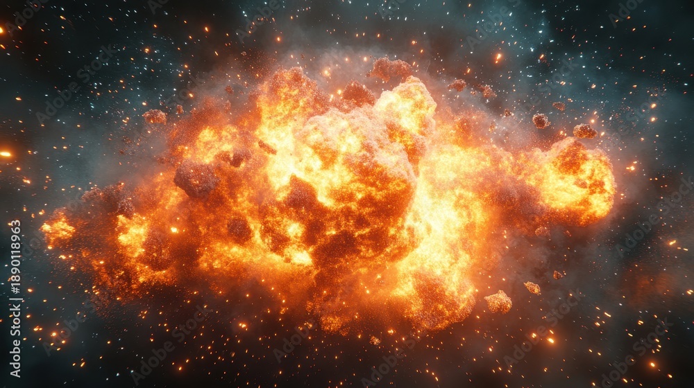 Fototapeta premium Massive cosmic explosion erupts with fiery debris and glowing particles in deep space
