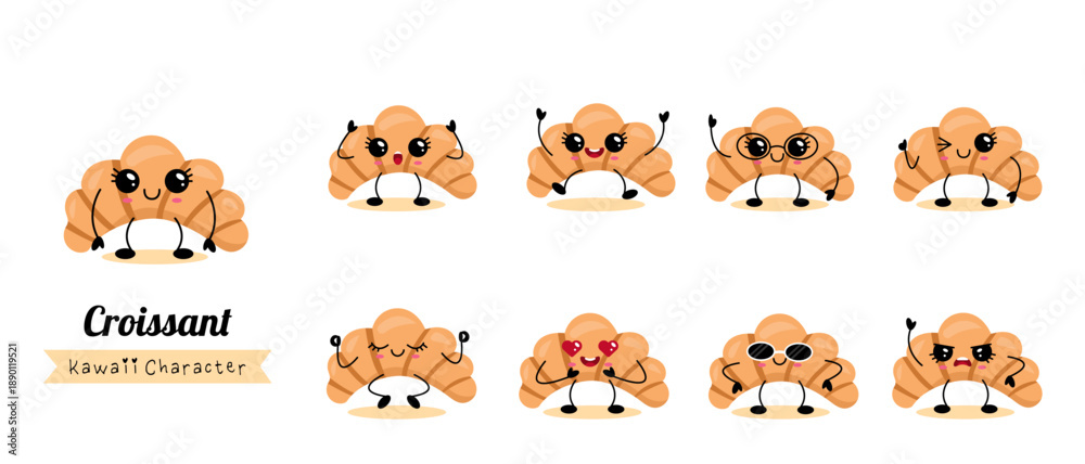 Obraz premium Kawaii Croissant Characters Set With Different Emotions Vector