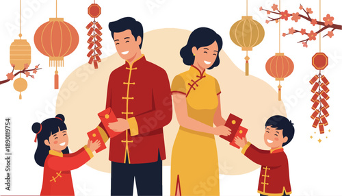 Family celebrates Lunar New Year, exchanging red envelopes for prosperity
