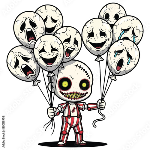 Creepy Skeleton Clown Child Holding Multi Face Expression Ghost Balloons