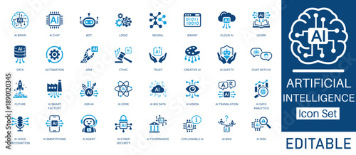 Artificial Intelligence and Machine Learning solid icon set. Includes symbols for Gen AI, AI Brain, Automation, and Neural Network. Solid vector icons for future technology and data.