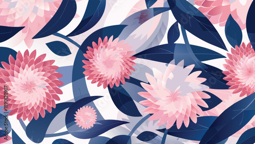 Vibrant pink flowers with dark blue leaves on white background floral pattern