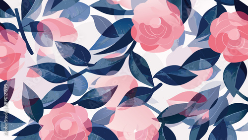 Vibrant pink roses with dark blue leaves on white background floral pattern