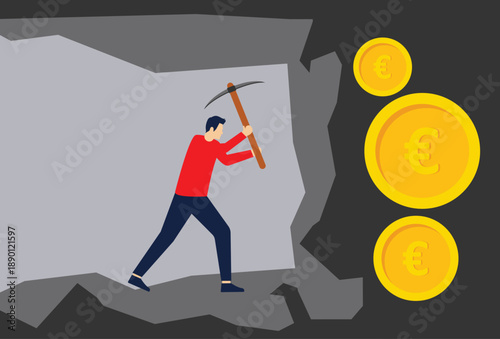 Businessman digging to find Golden Euro Coin. Euro Coin mining.

