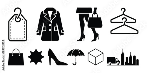 Fashion and Retail Silhouette Icon Set for Shopping and Lifestyle Design.