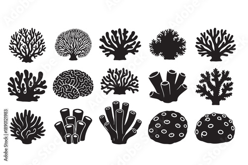 Coral Reef Silhouette Set – Underwater Sea Plants, Ocean Sponges, and Marine Flora Vector Icons