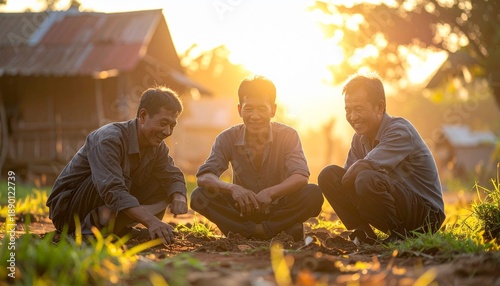 Shared Laughter: Three figures, bathed in the soft glow of the sun, are captured in a moment of camaraderie and amusement. Their bond and shared laughter.