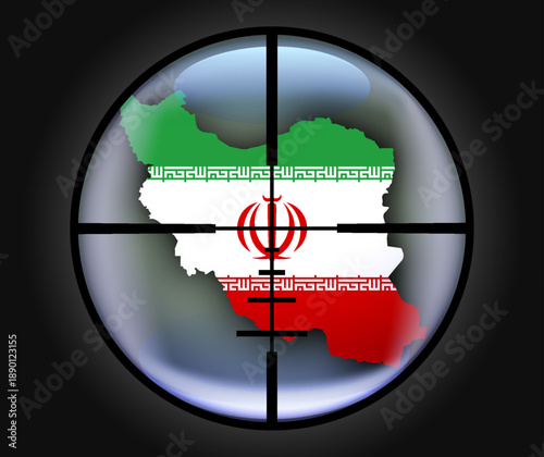 Vector map of Islamic Republic of Iran in colors of national flag. Black military optical aim. Light highlights. Iranian