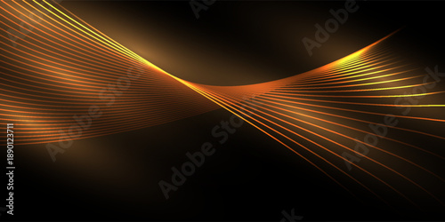 Abstract golden light wave on a dark background, formed by smooth flowing lines and glowing curves. This elegant futuristic design represents motion