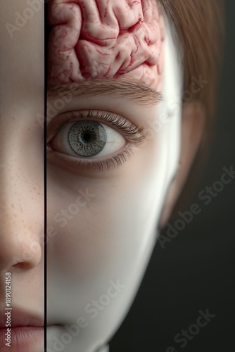 Human face with half-exposed brain, showcasing reflection of personality and emotions in dark background, Psychological blogs, mentality knowledge, human inner contrasts, agrrement with neuro