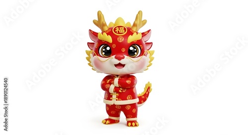 Wallpaper Mural Cute 3D Chinese Dragon Mascot in Red Traditional Costume, Lunar New Year Character Isolated on White Background, Festive Asian Zodiac Illustration Torontodigital.ca