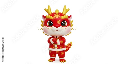 Wallpaper Mural Cute 3D Chinese Dragon Mascot in Red Traditional Costume, Lunar New Year Character Isolated on White Background, Festive Asian Zodiac Illustration Torontodigital.ca